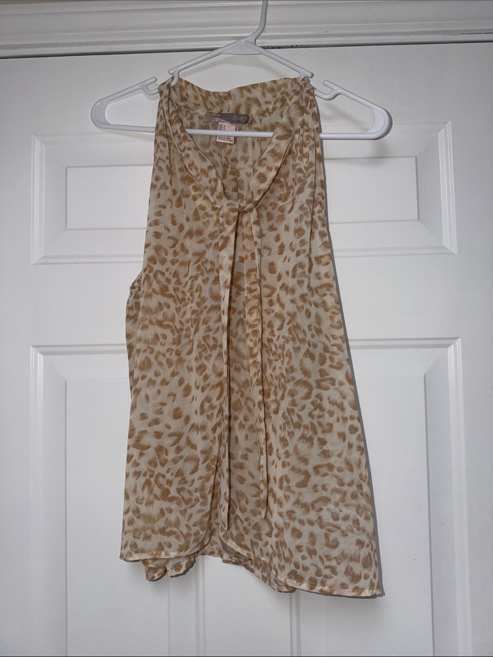 Forever 21 Beige and Tan Leopard Print Tie-Neck Sleeveless Blouse